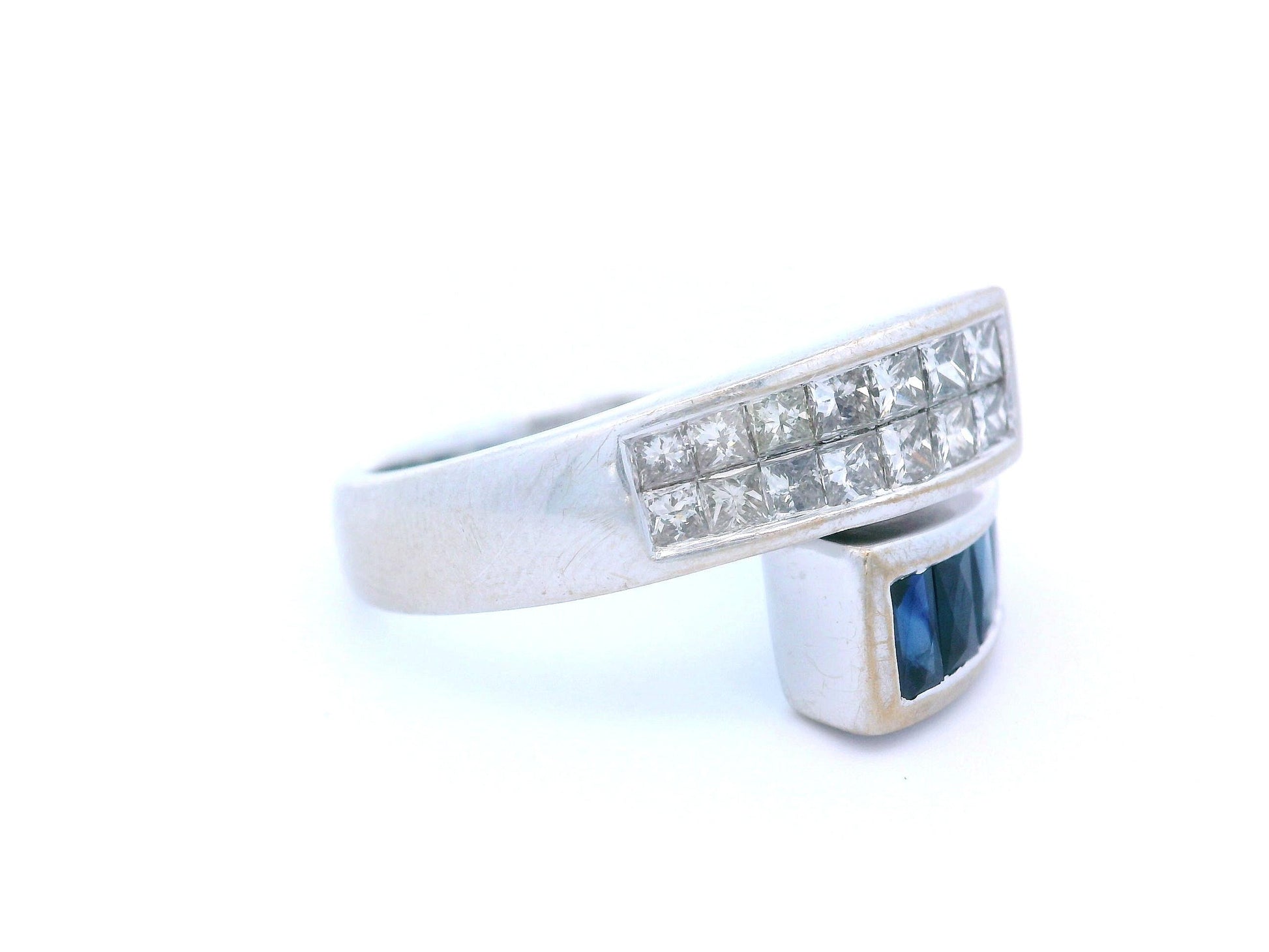 14K White Gold Natural Sapphire & Diamond Bypass Ring
