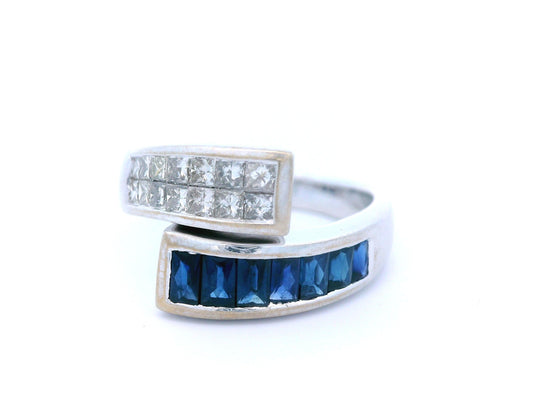 14K White Gold Natural Sapphire & Diamond Bypass Ring