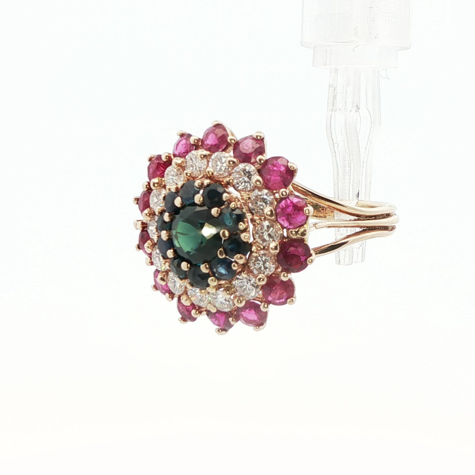 14k Yellow Gold Sapphire, Diamond and Ruby Ring