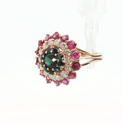 14k Yellow Gold Sapphire, Diamond and Ruby Ring