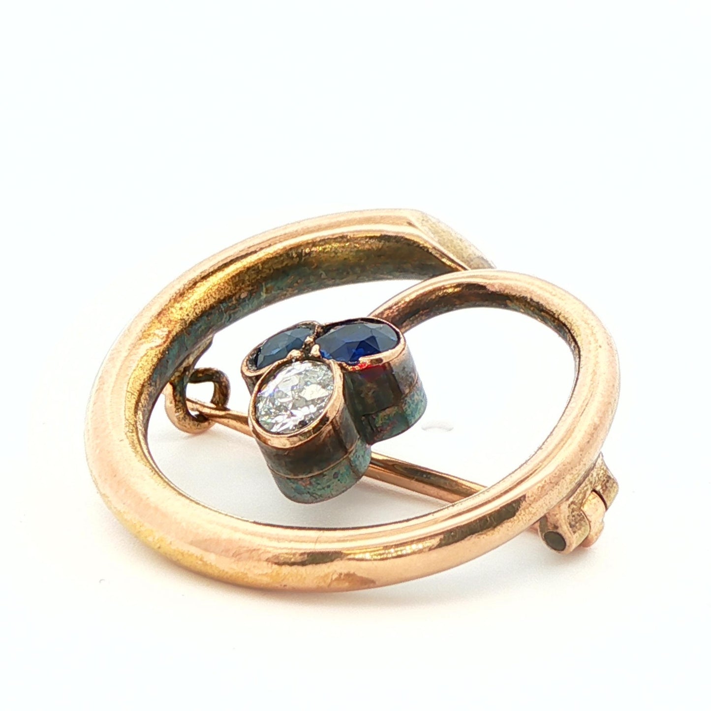14k Yellow Gold Natural Diamond & No Heat Sapphire Brooch
