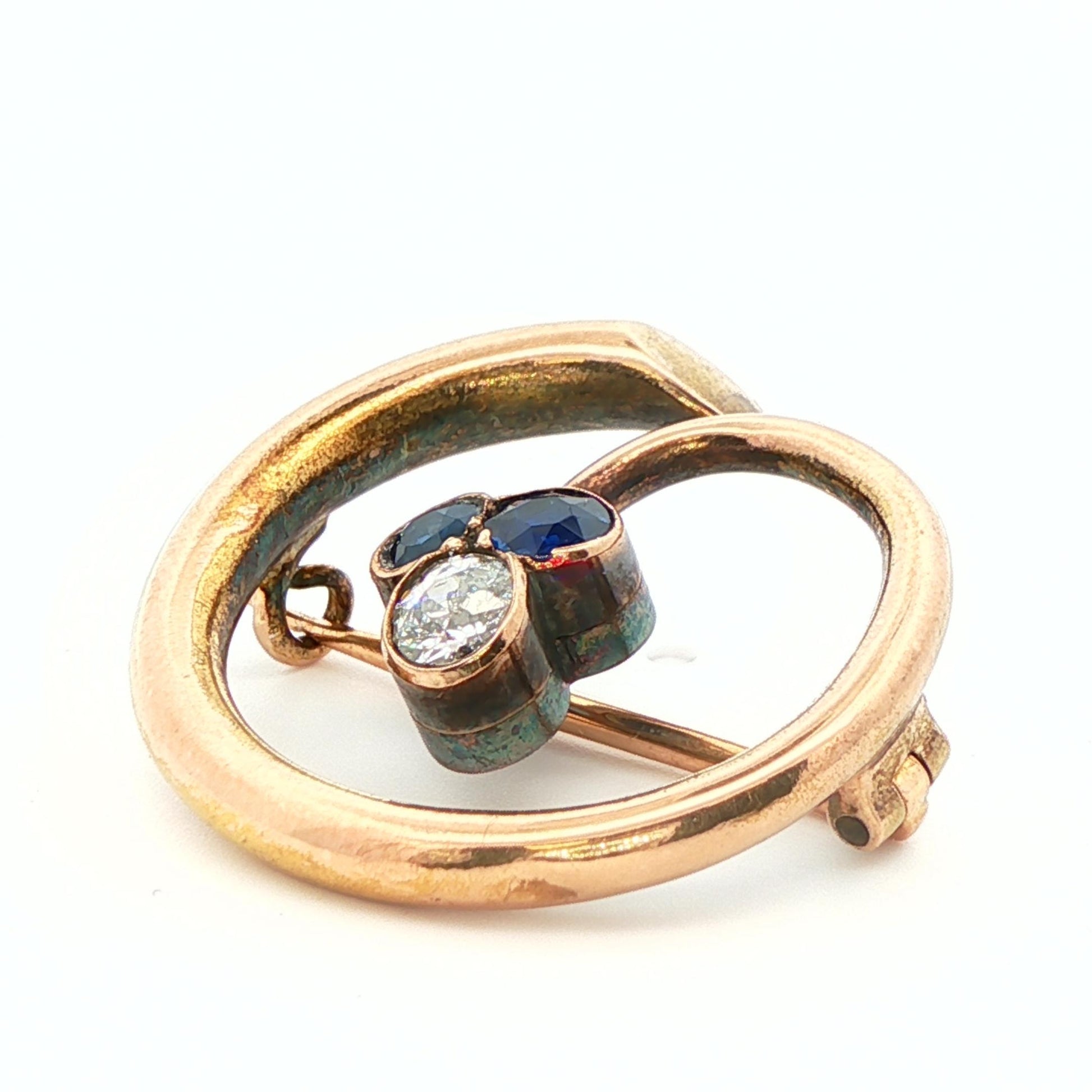 14k Yellow Gold Natural Diamond & No Heat Sapphire Brooch