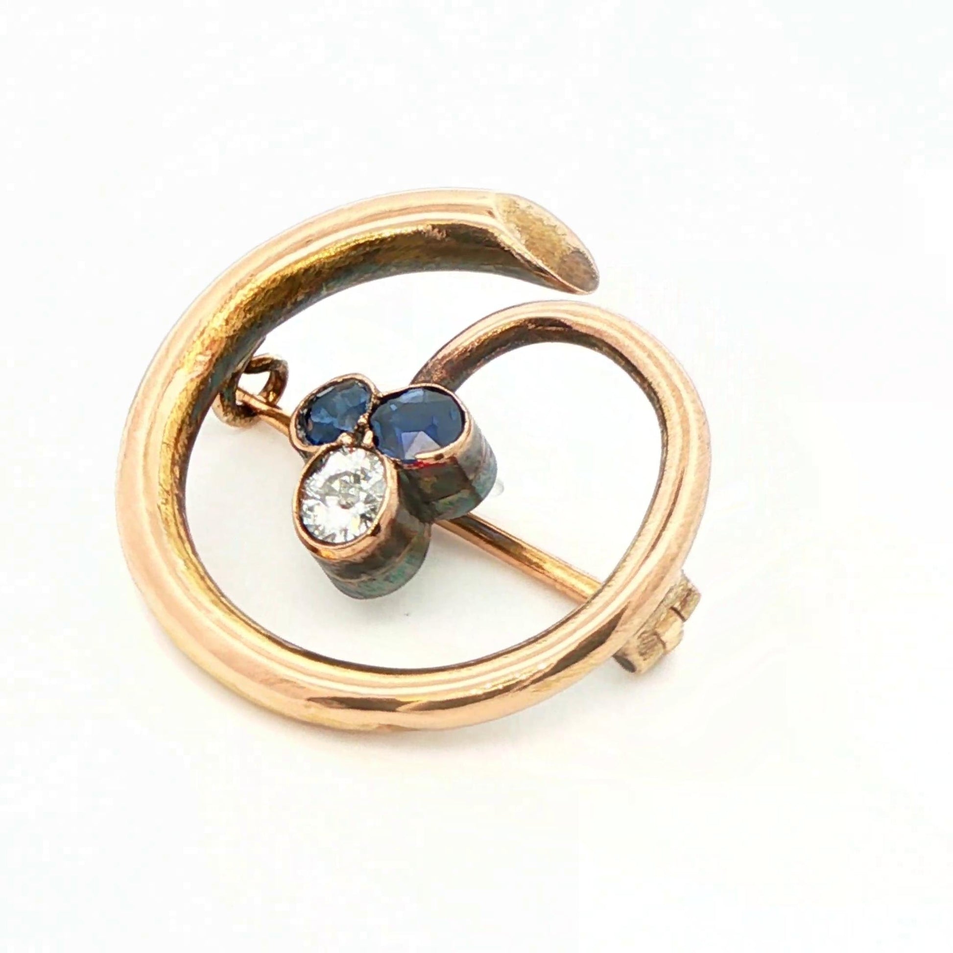 14k Yellow Gold Natural Diamond & No Heat Sapphire Brooch