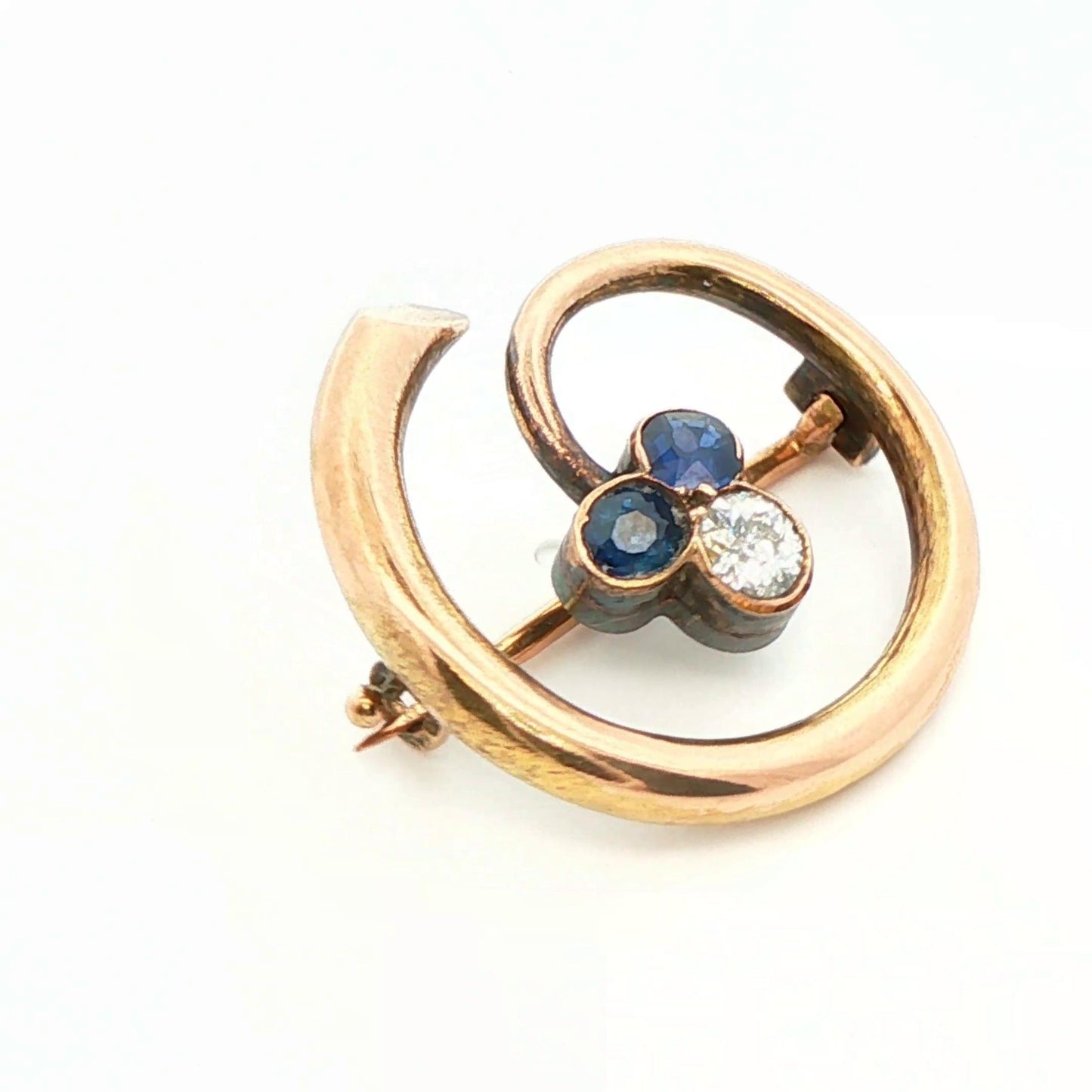 14k Yellow Gold Natural Diamond & No Heat Sapphire Brooch