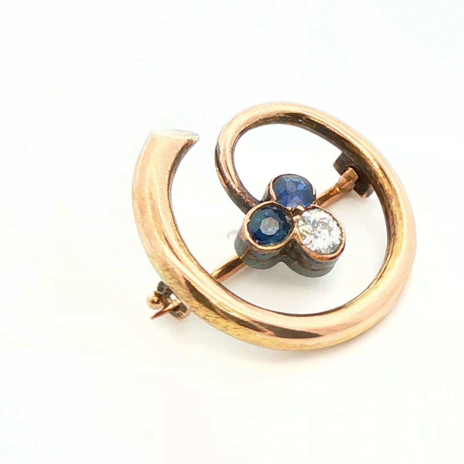 14k Yellow Gold Natural Diamond & No Heat Sapphire Brooch