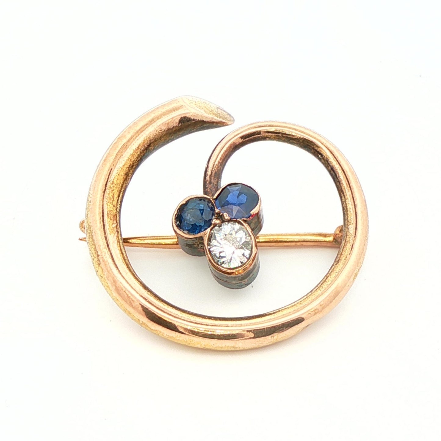 14k Yellow Gold Natural Diamond & No Heat Sapphire Brooch