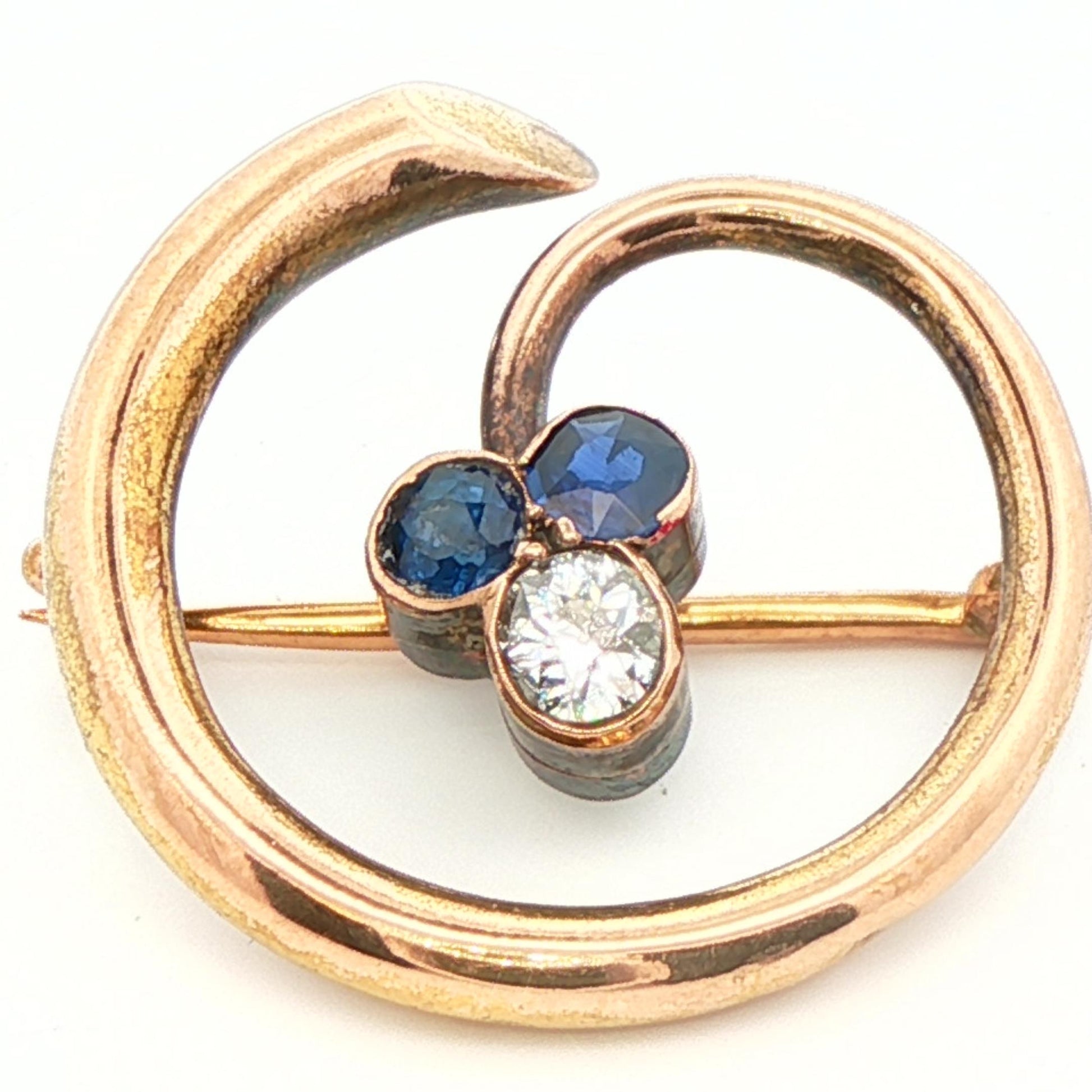 14k Yellow Gold Natural Diamond & No Heat Sapphire Brooch