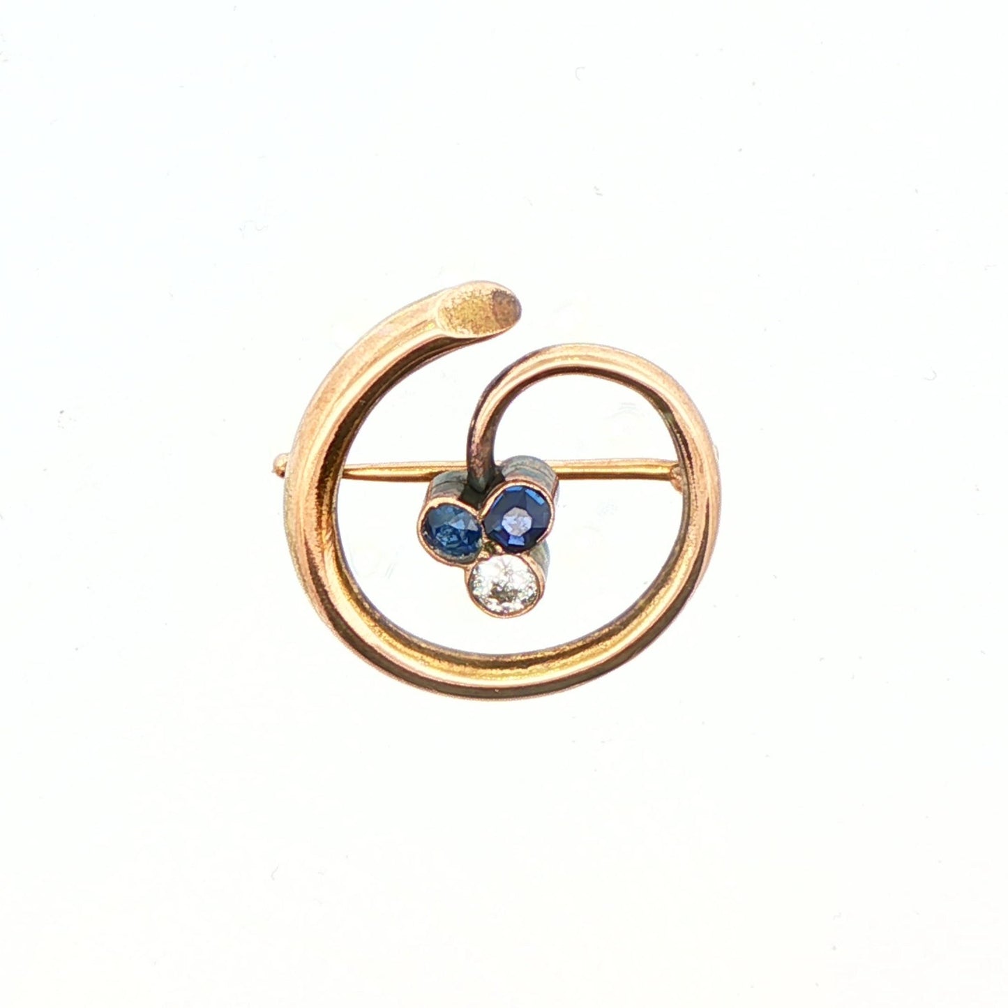 14k Yellow Gold Natural Diamond & No Heat Sapphire Brooch