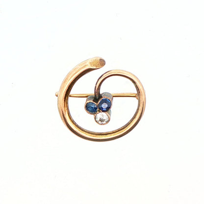 14k Yellow Gold Natural Diamond & No Heat Sapphire Brooch