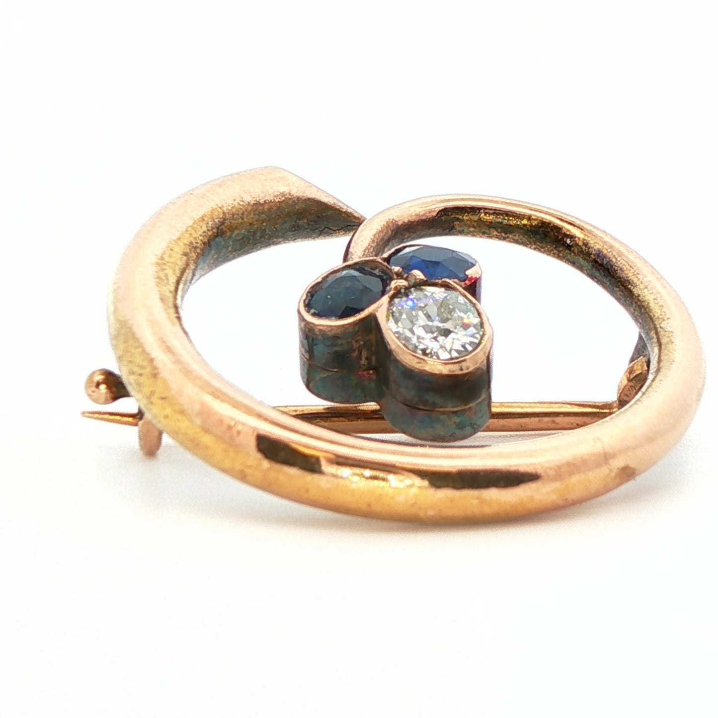 14k Yellow Gold Natural Diamond & No Heat Sapphire Brooch