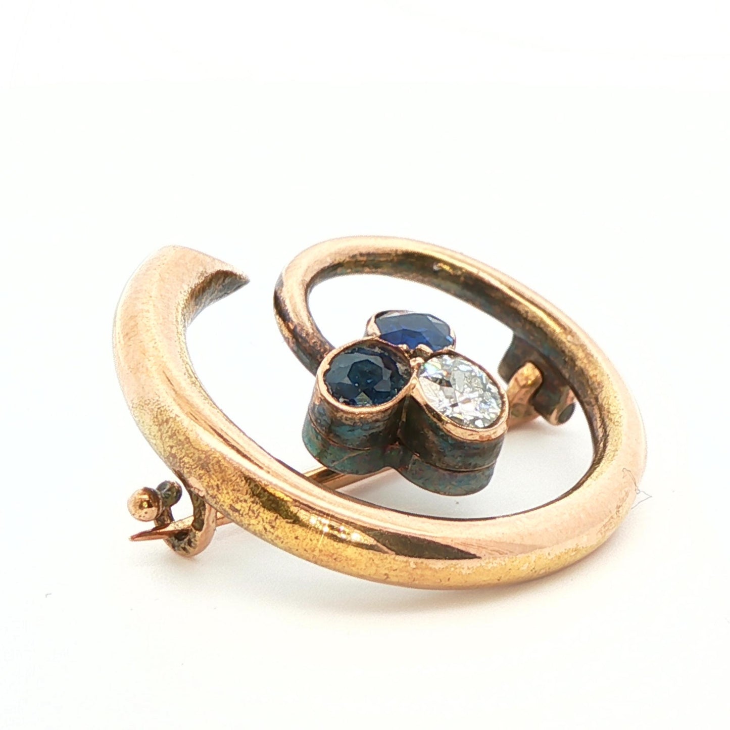 14k Yellow Gold Natural Diamond & No Heat Sapphire Brooch