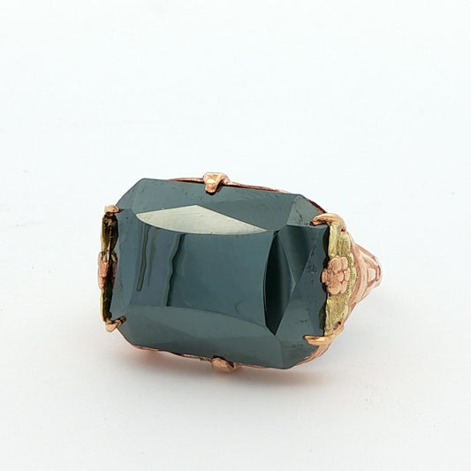 10K Yellow + Green Gold Natural Hematite Ring 1920s Art Deco