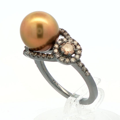 18k White Gold Black Rhodium Gold Pearl & Chocolate Diamond Ring