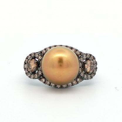 18k White Gold Black Rhodium Gold Pearl & Chocolate Diamond Ring