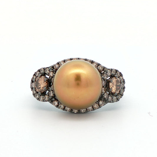 18k White Gold Black Rhodium Gold Pearl & Chocolate Diamond Ring