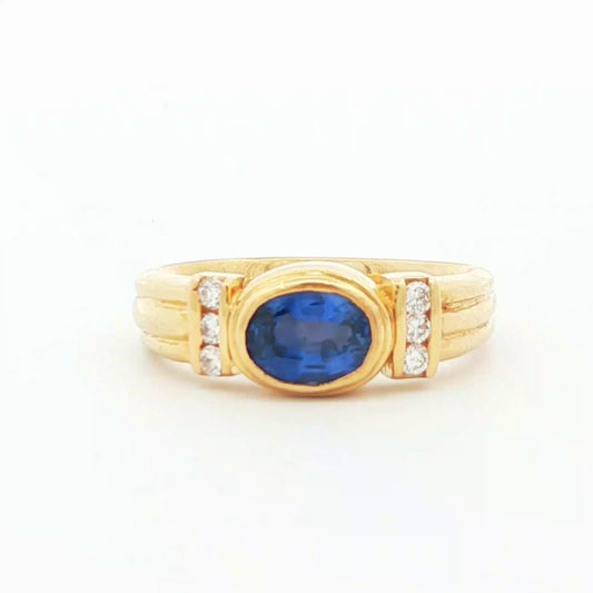18K Yellow Gold Blue Sapphire & Diamond Ring
