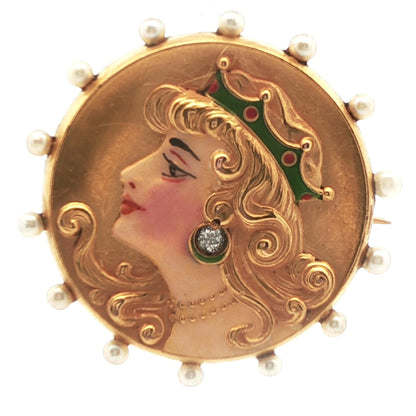 14k Yellow Gold Diamond & Pearl Brooch/Watch Holder