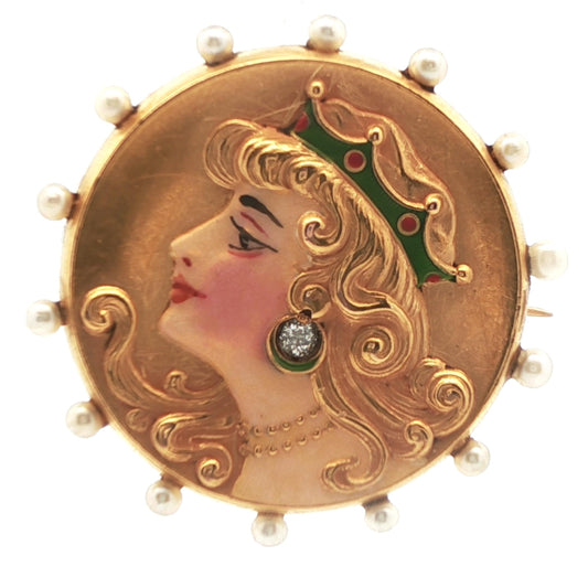 14k Yellow Gold Diamond & Pearl Brooch/Watch Holder