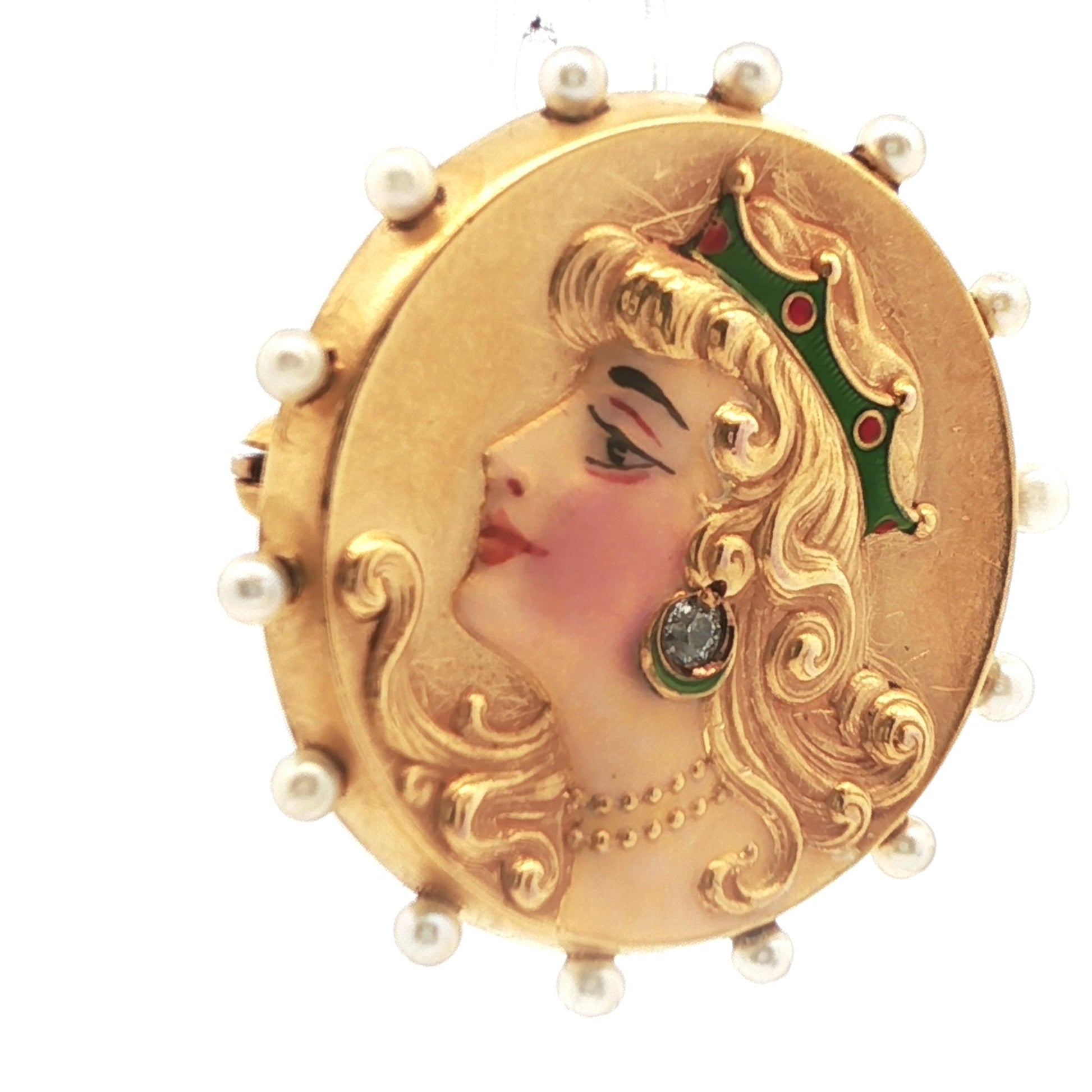 14k Yellow Gold Diamond & Pearl Brooch/Watch Holder