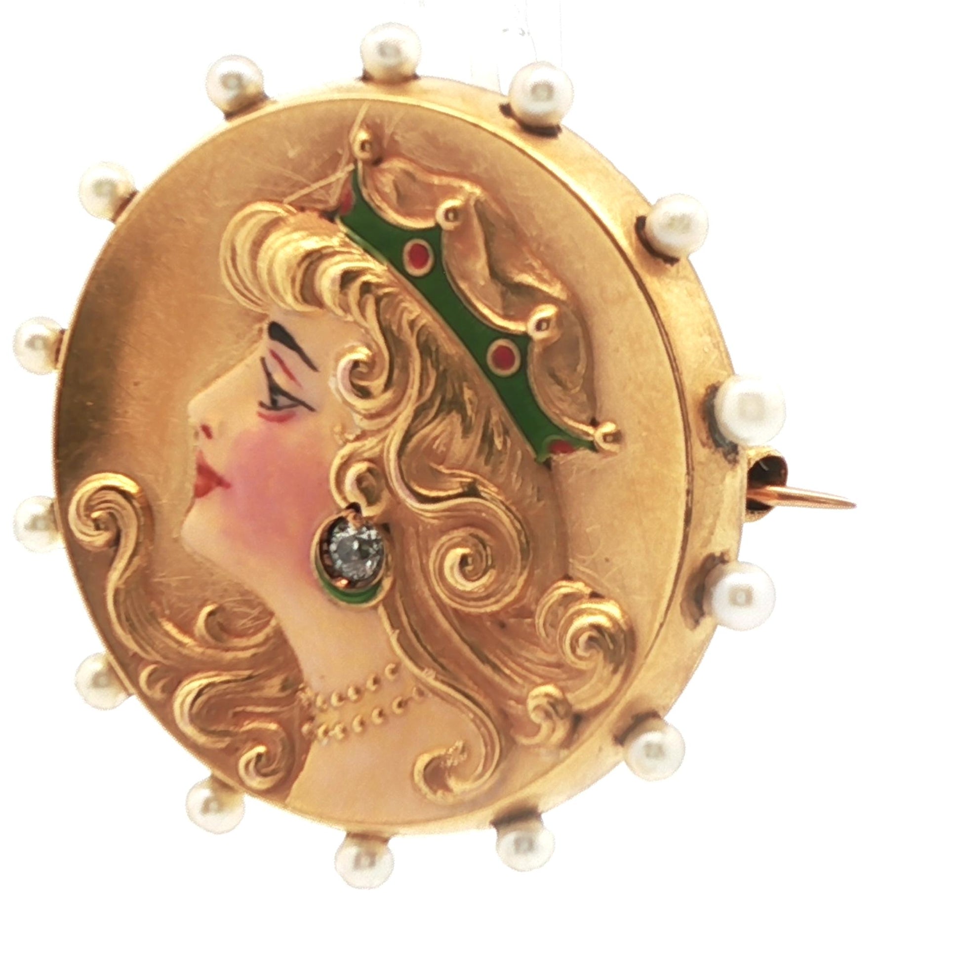 14k Yellow Gold Diamond & Pearl Brooch/Watch Holder