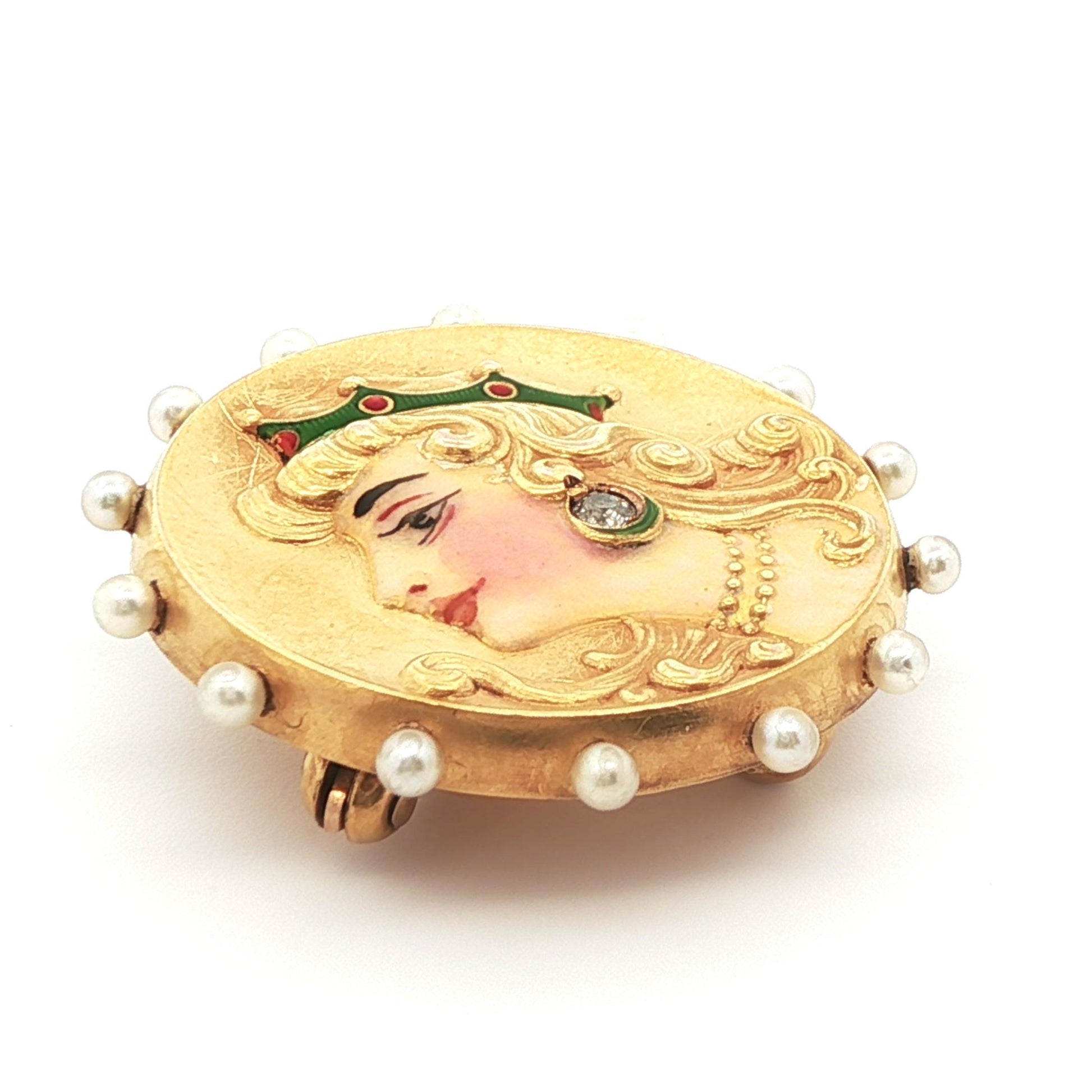14k Yellow Gold Diamond & Pearl Brooch/Watch Holder