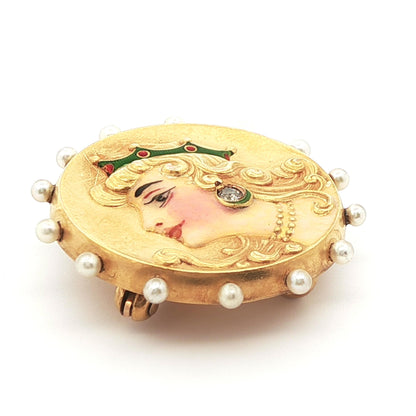14k Yellow Gold Diamond & Pearl Brooch/Watch Holder