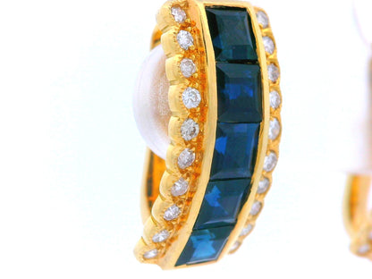 18k Yellow Gold Sapphire & Diamond Huggie Earrings
