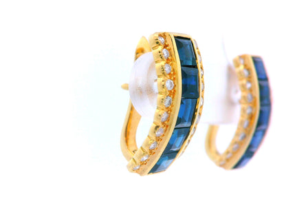 18k Yellow Gold Sapphire & Diamond Huggie Earrings