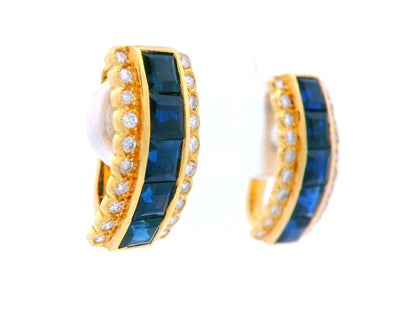 18k Yellow Gold Sapphire & Diamond Huggie Earrings