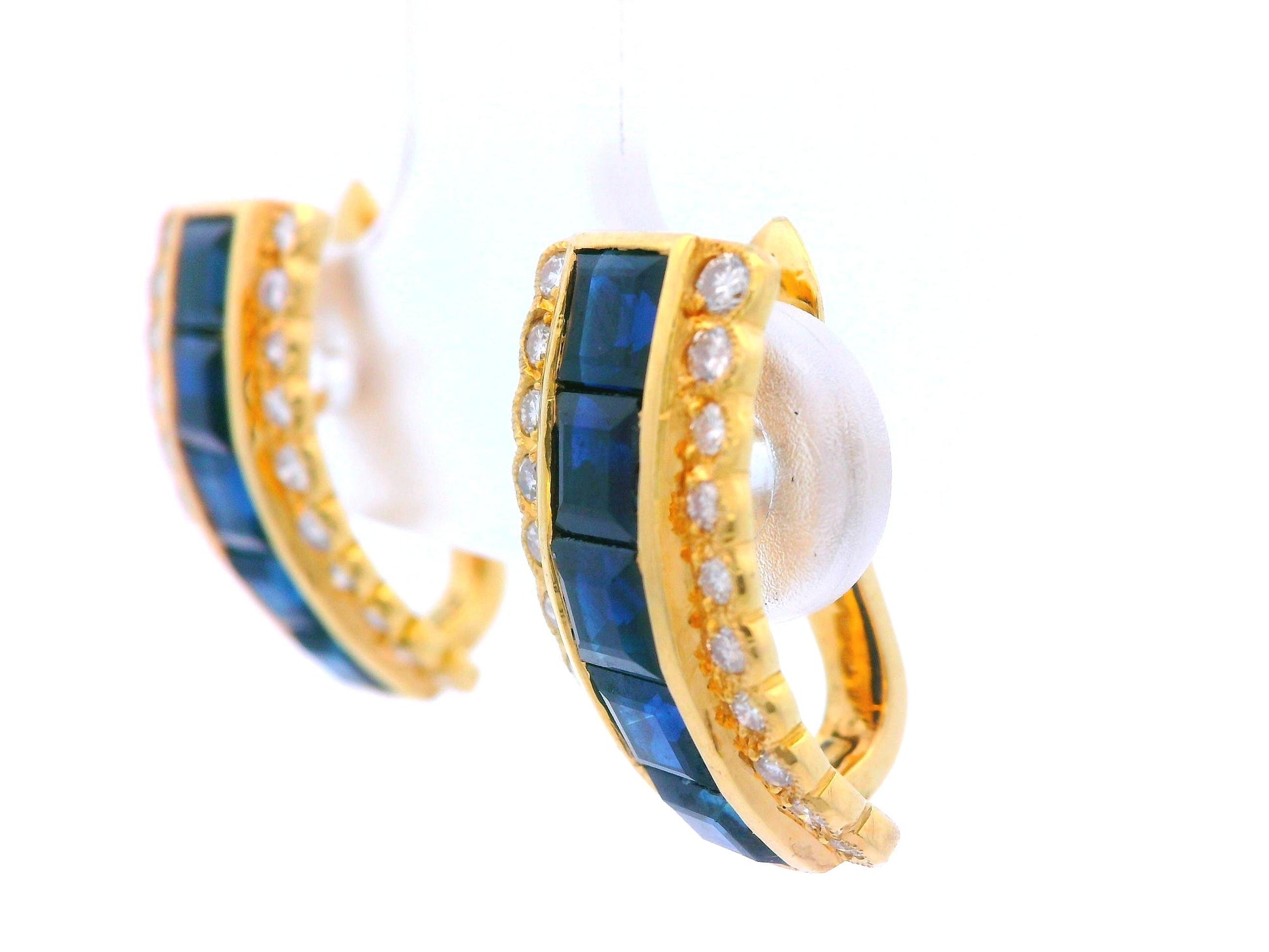 18k Yellow Gold Sapphire & Diamond Huggie Earrings