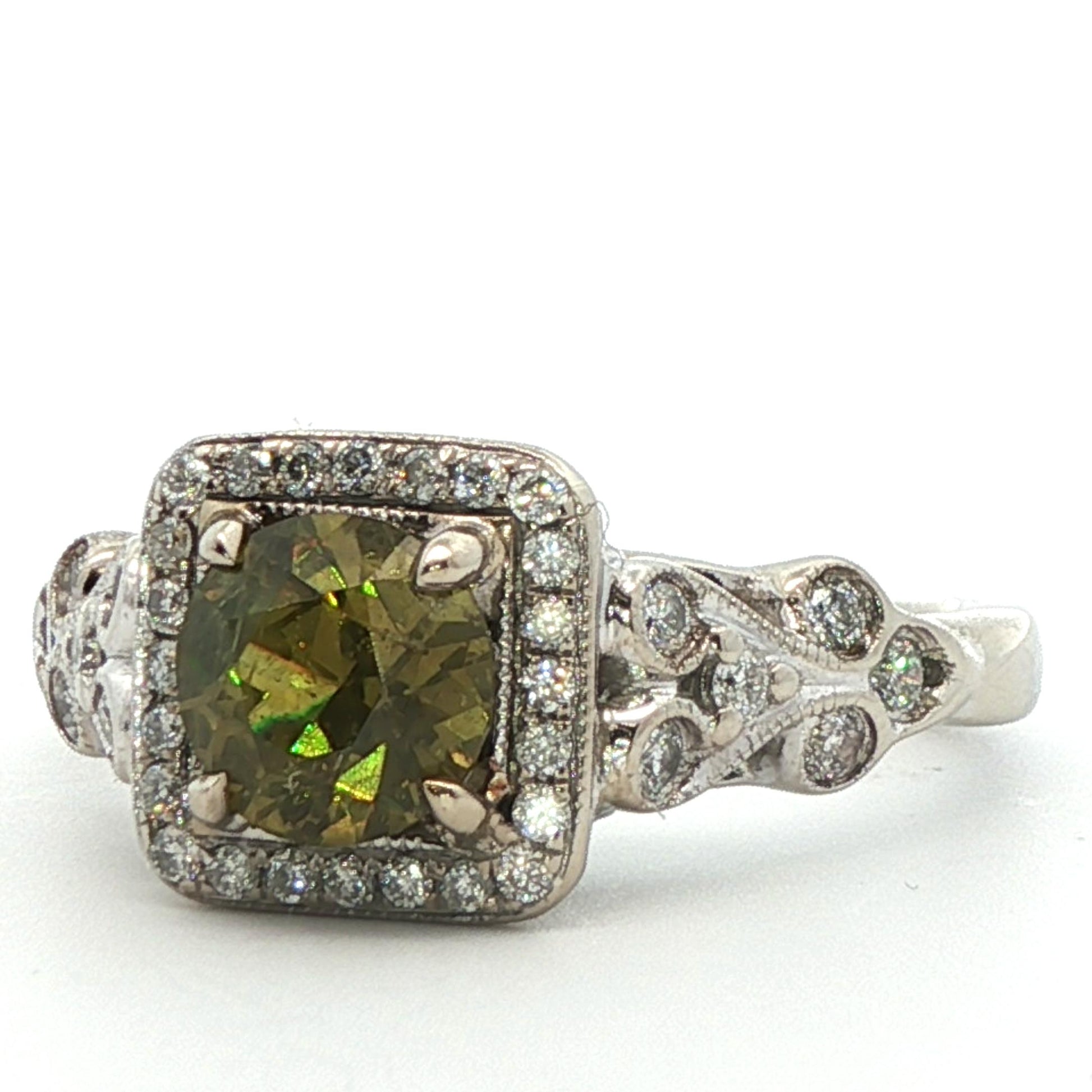 14k White Gold Demantoid Garnet & Diamond Ring