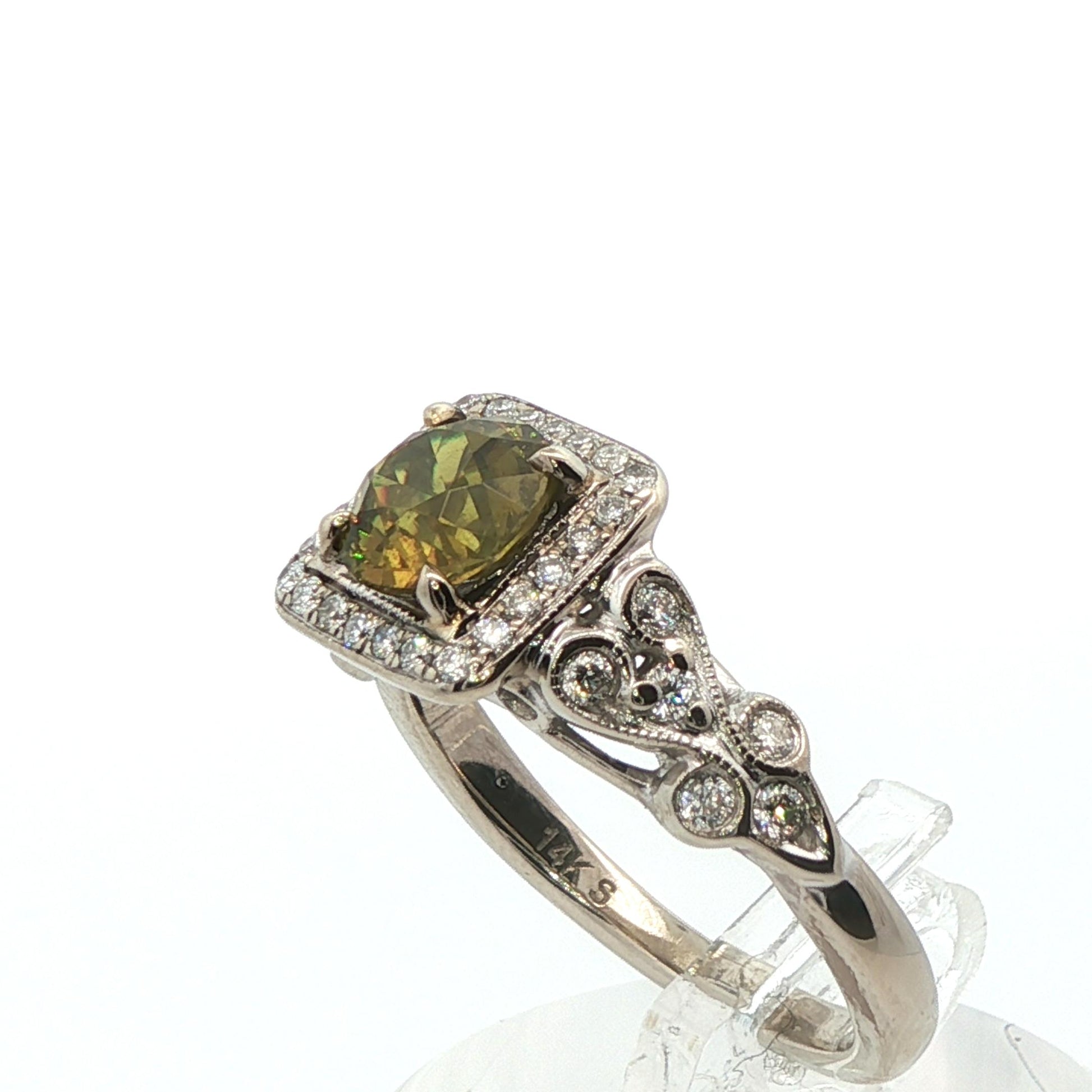 14k White Gold Demantoid Garnet & Diamond Ring