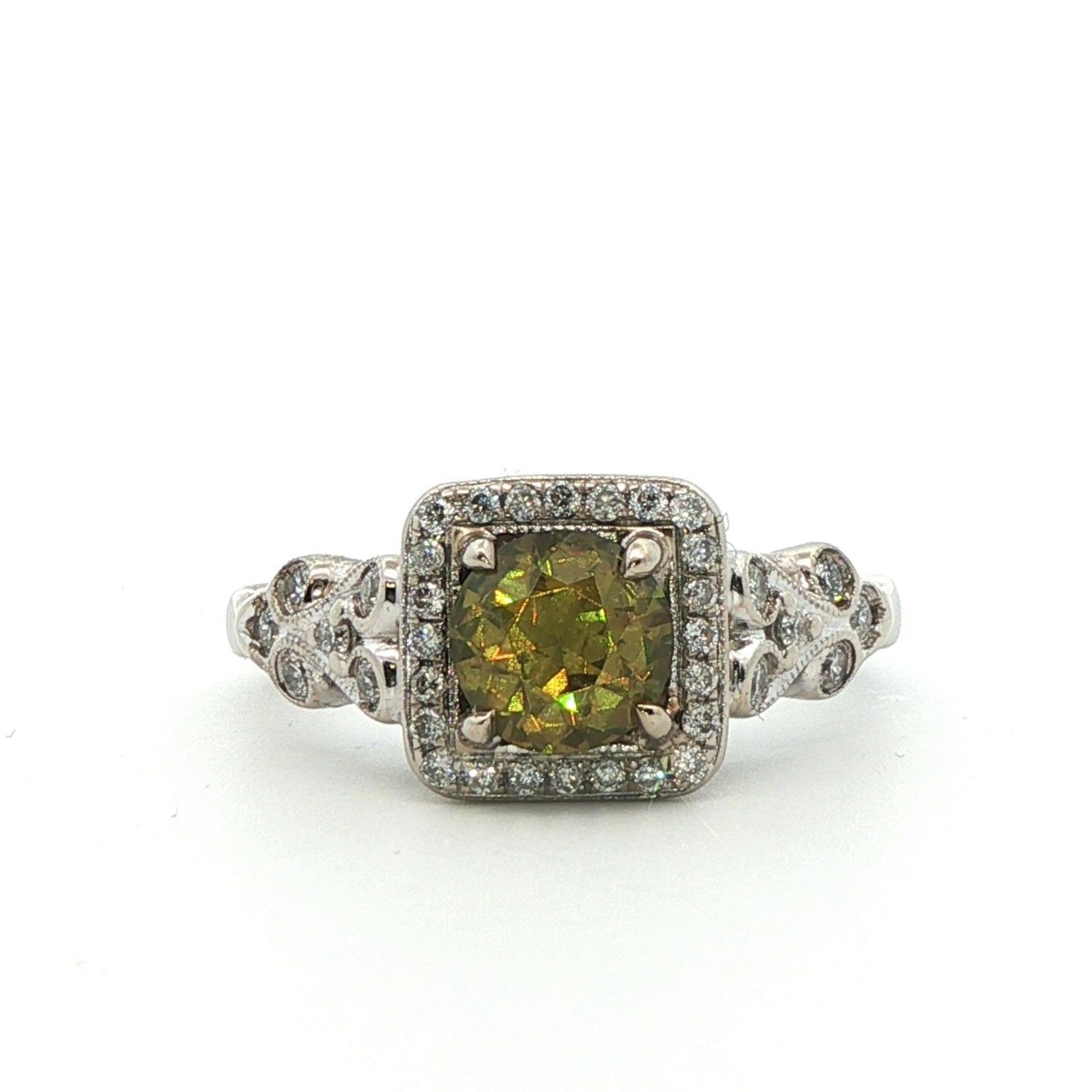 14k White Gold Demantoid Garnet & Diamond Ring