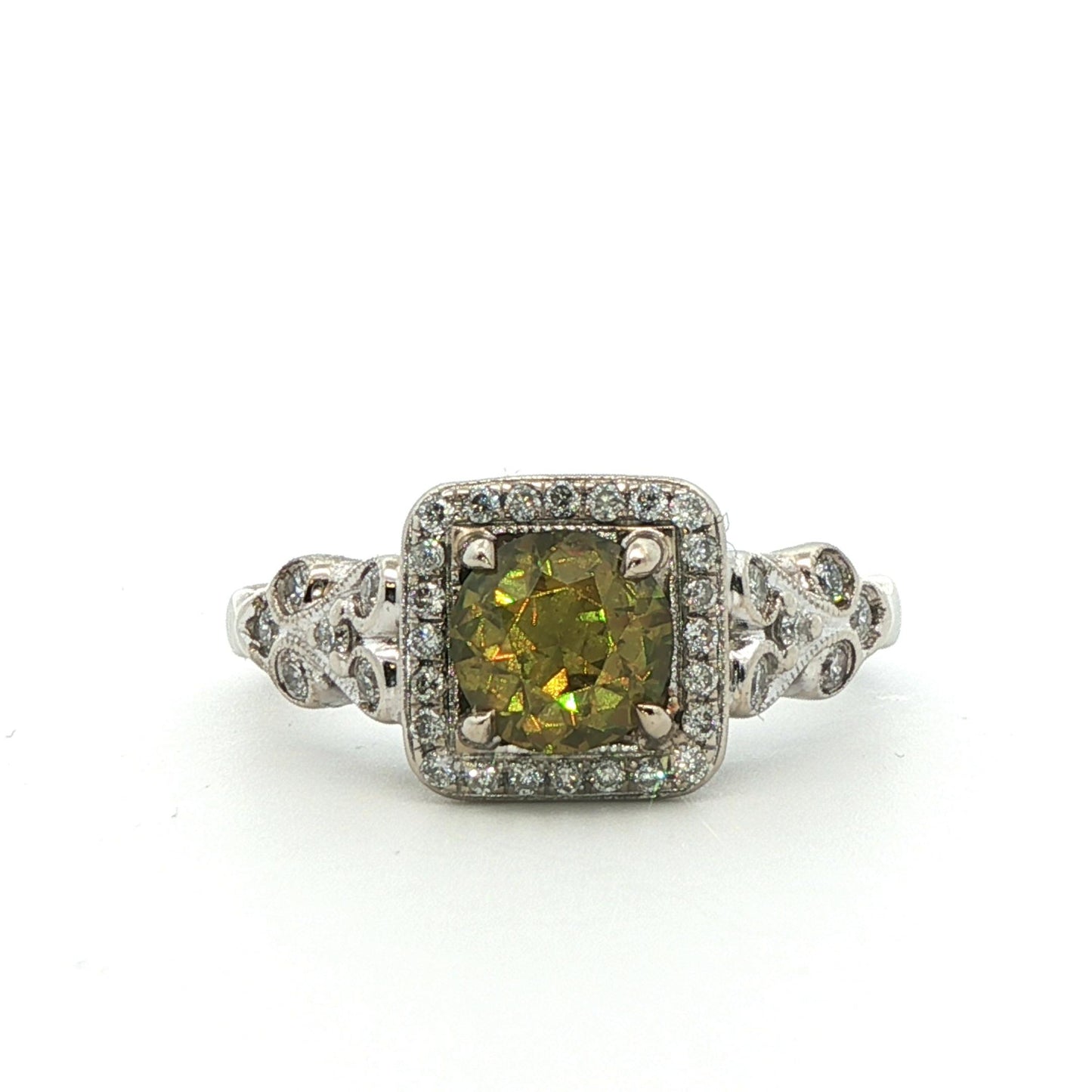 14k White Gold Demantoid Garnet & Diamond Ring