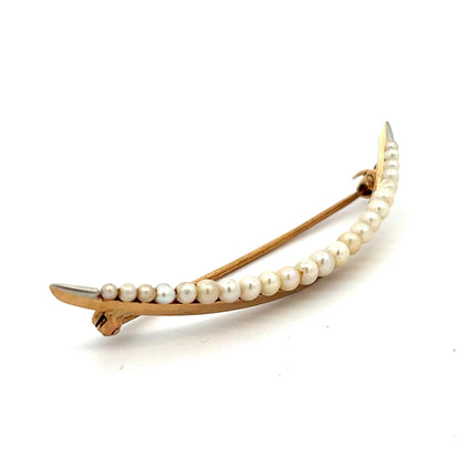14k Yellow Gold & Pearl Crescent Brooch