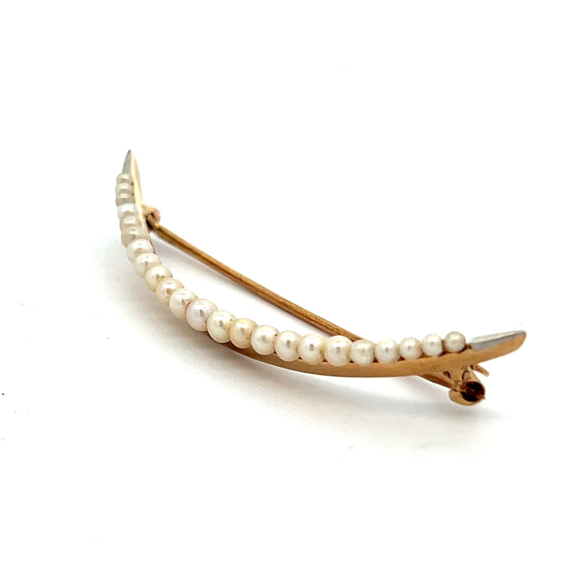 14k Yellow Gold & Pearl Crescent Brooch