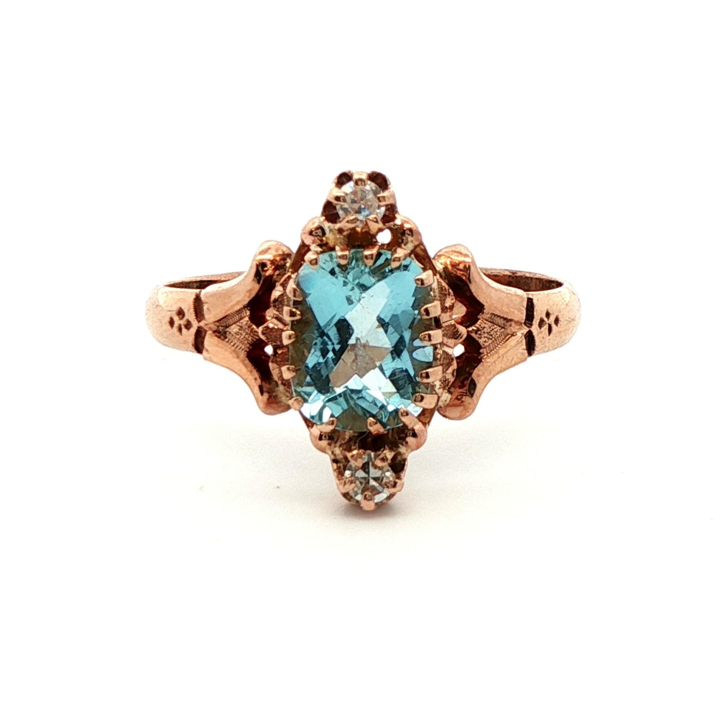 10k Yellow Gold Aquamarine & Diamond Victorian Ring