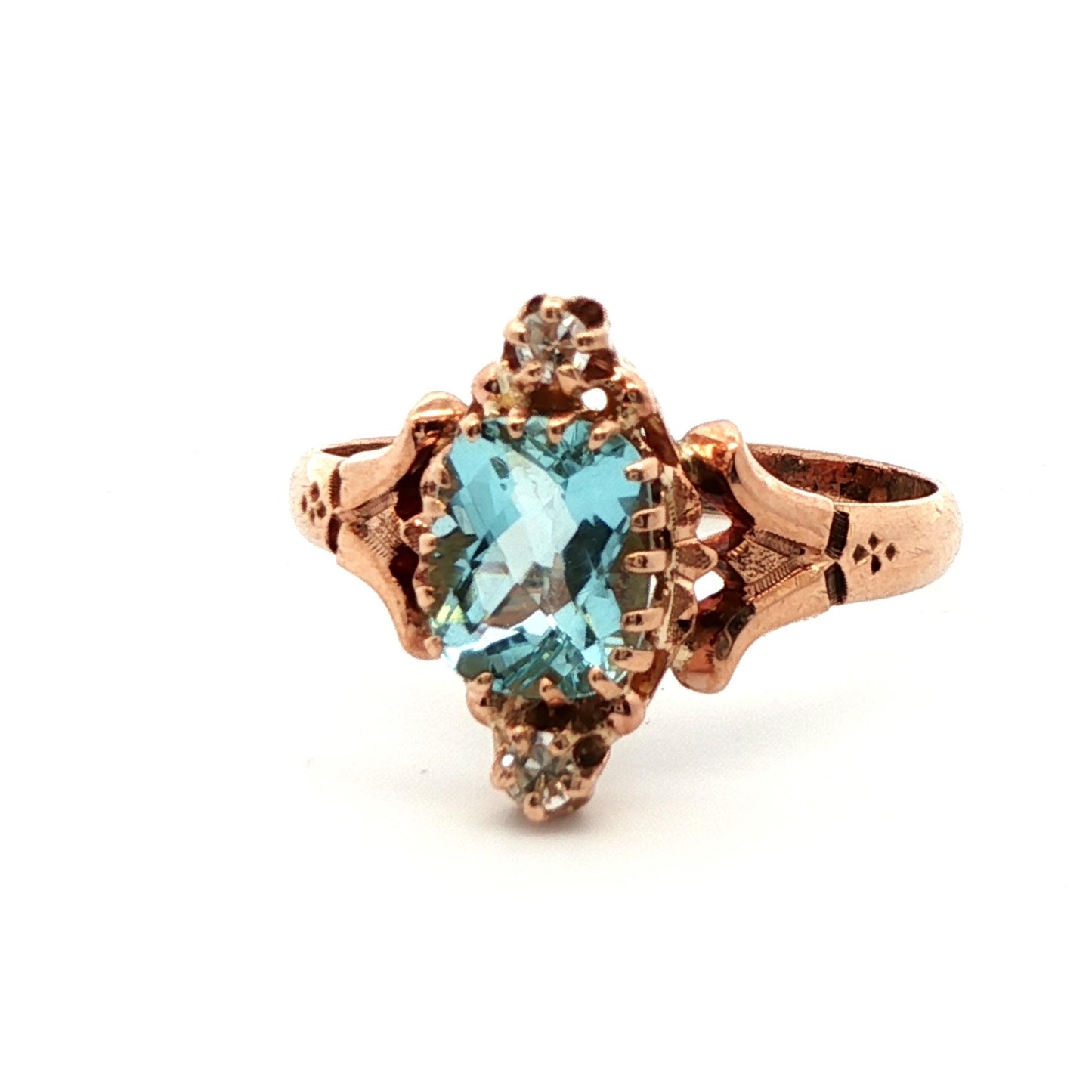10k Yellow Gold Aquamarine & Diamond Victorian Ring