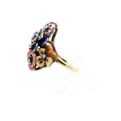 14k Yellow Gold Enameled Flower & Diamond Ring