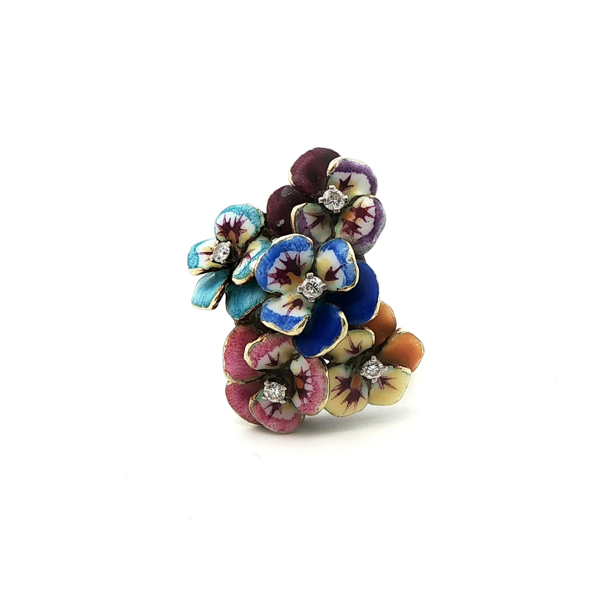 14k Yellow Gold Enameled Flower & Diamond Ring