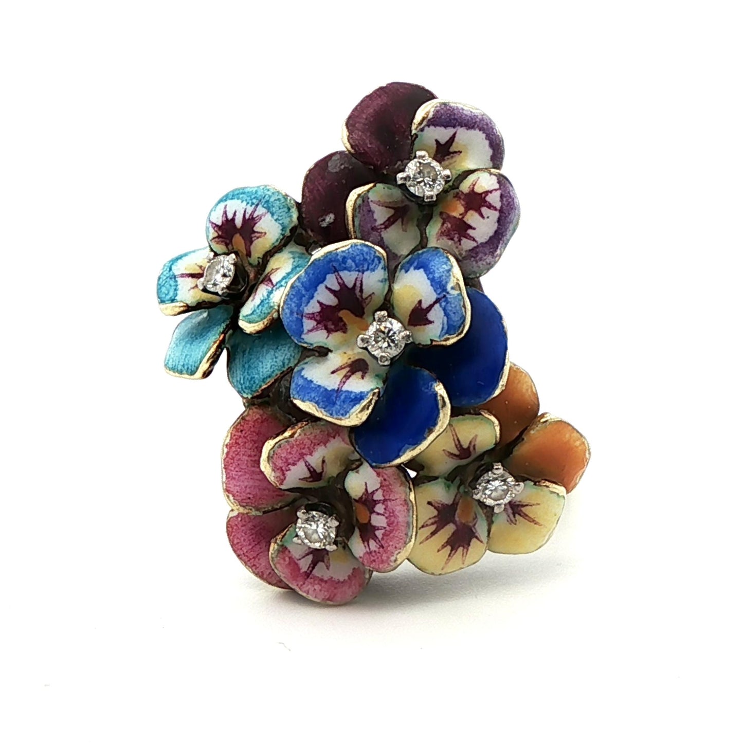 14k Yellow Gold Enameled Flower & Diamond Ring
