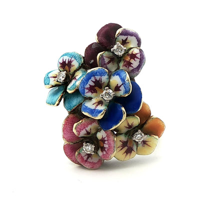 14k Yellow Gold Enameled Flower & Diamond Ring