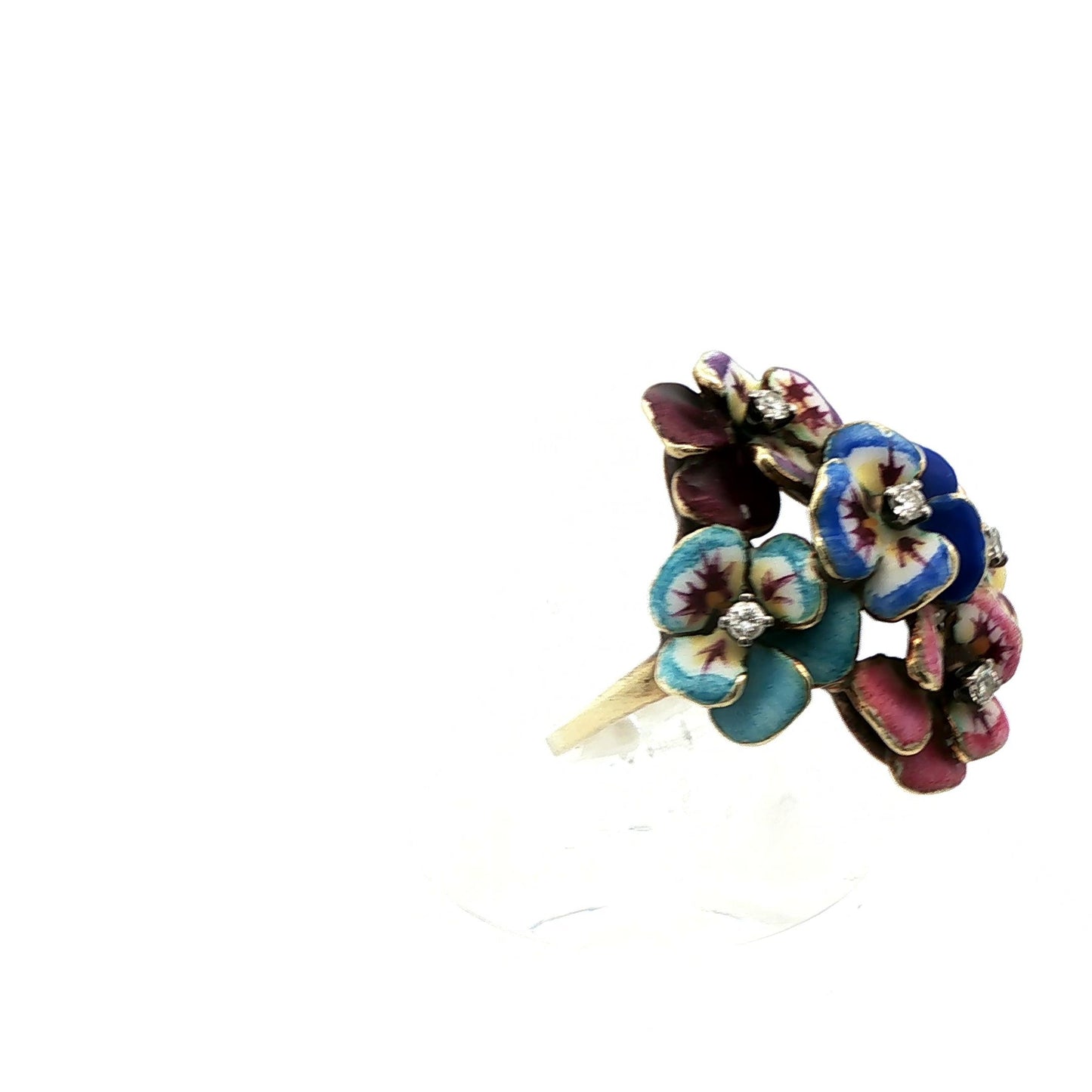 14k Yellow Gold Enameled Flower & Diamond Ring