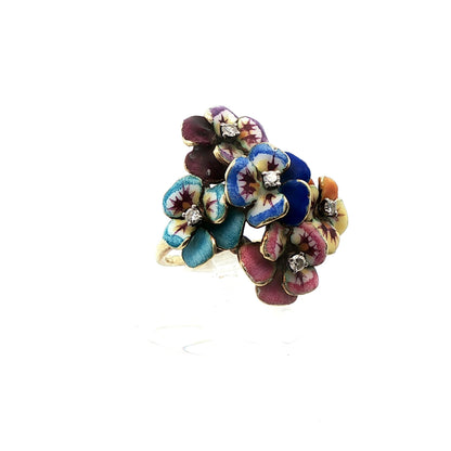 14k Yellow Gold Enameled Flower & Diamond Ring