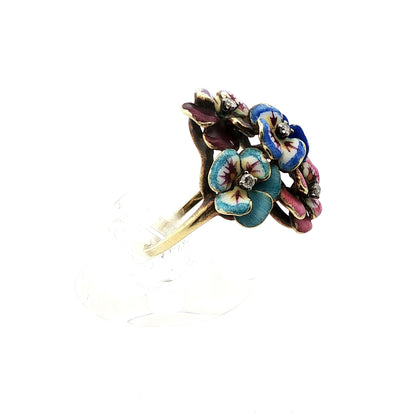 14k Yellow Gold Enameled Flower & Diamond Ring