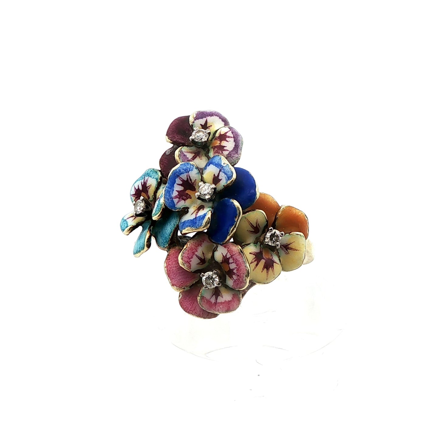 14k Yellow Gold Enameled Flower & Diamond Ring
