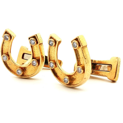 Signed David Webb 1960s 18k Yellow Gold & Diamond Horseshoe Cufflinks