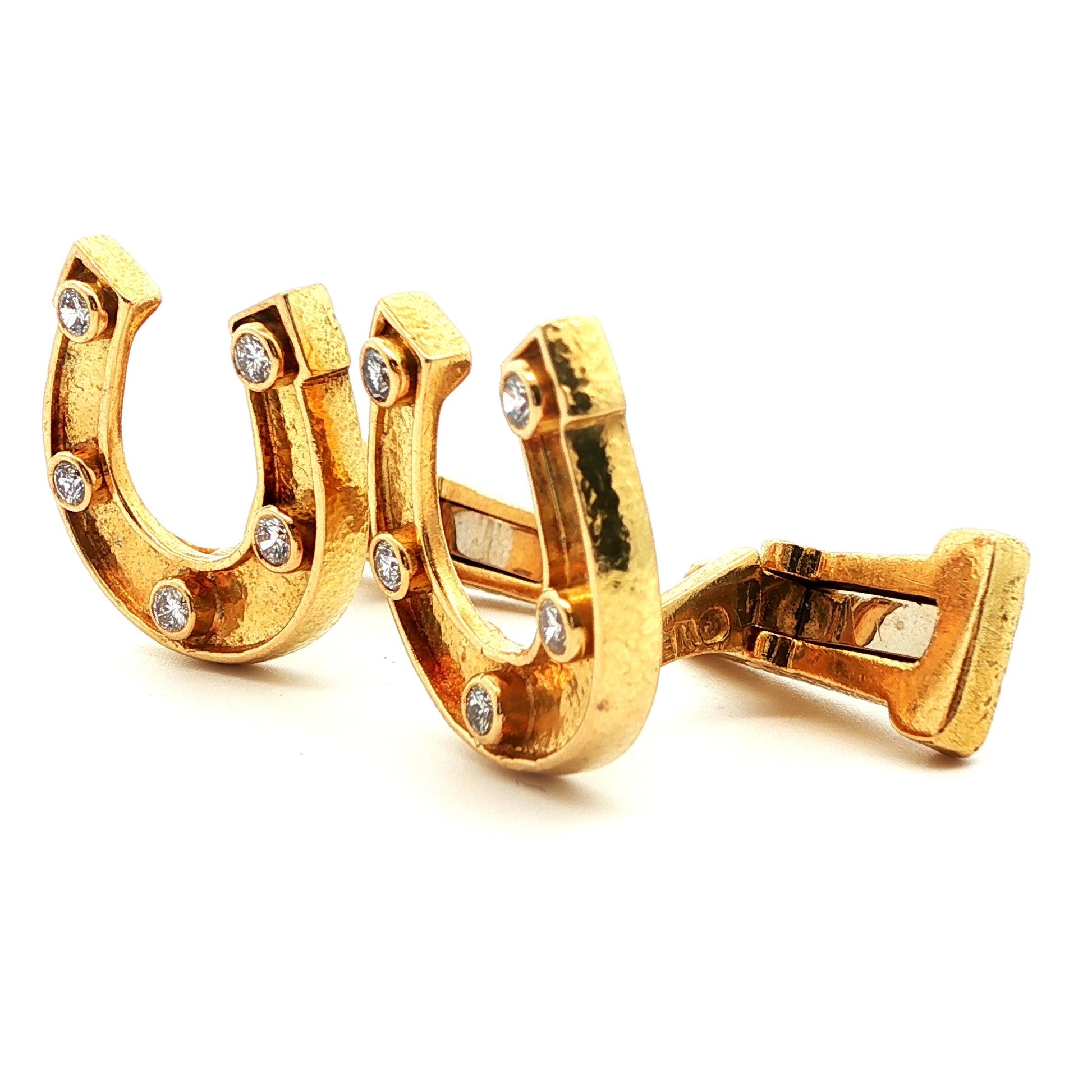 Signed David Webb 1960s 18k Yellow Gold & Diamond Horseshoe Cufflinks