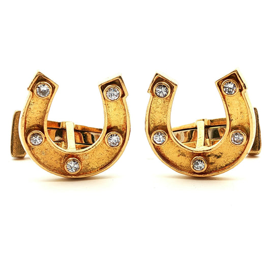 Signed David Webb 1960s 18k Yellow Gold & Diamond Horseshoe Cufflinks
