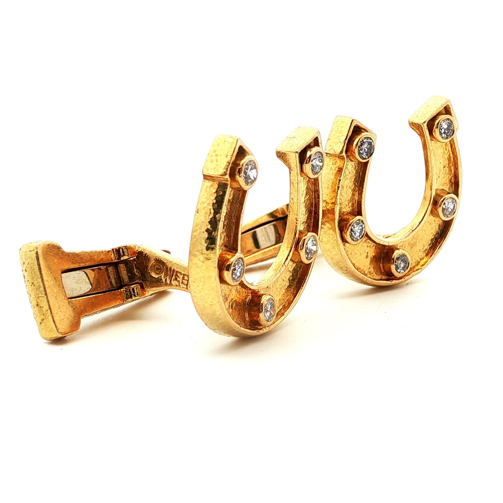 Signed David Webb 1960s 18k Yellow Gold & Diamond Horseshoe Cufflinks